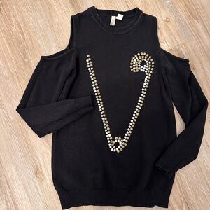 Black Cold Shoulder Sweater with Gold Accents